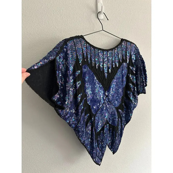 Vintage 70s/80s BUTTERFLY Bluish purple sequin and beaded cape blouse top Sz M - Picture 14 of 15